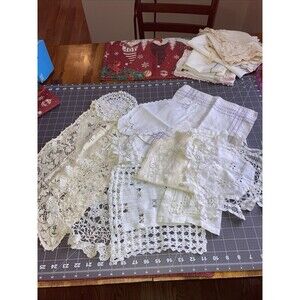 Vintage Linens Dresser Top Scarfs Lace Doilies Lot Of 10 Ecru White All Shapes